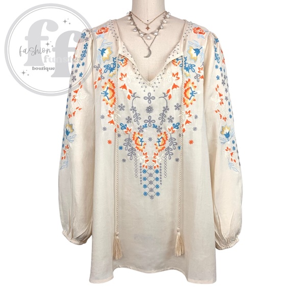 Andree By Unit Embroidered Boho Floral Peasant Flowers Tunic Shirt Blouse Top - Picture 3 of 10